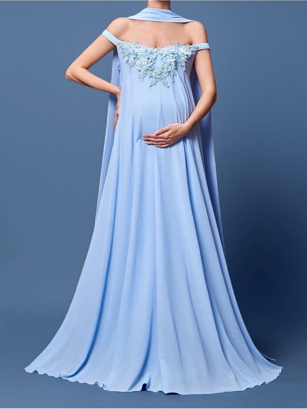 Elegant Light Blue Maternity Off-Shoulder Gown size L